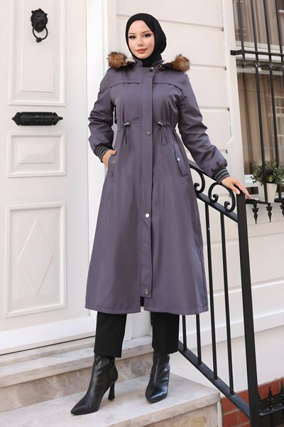 Gri Kürk Yakalı Beli Bağcıklı Mont