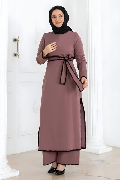 Gül Kurusu İkili Kemerli Çoban Dikişli Tesettür Takım