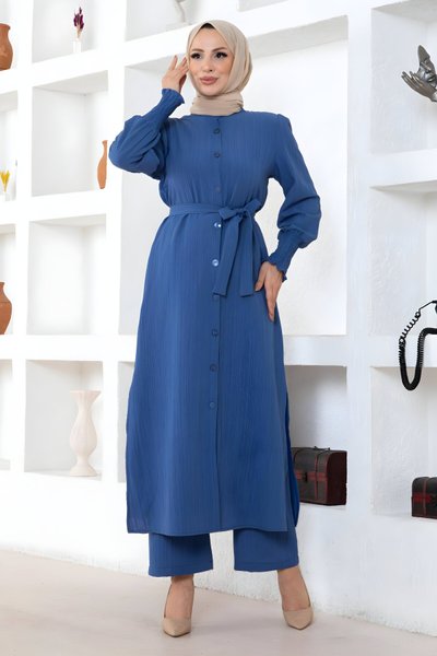 İndigo İkili Yırtmaç Detaylı Tesettür Takım