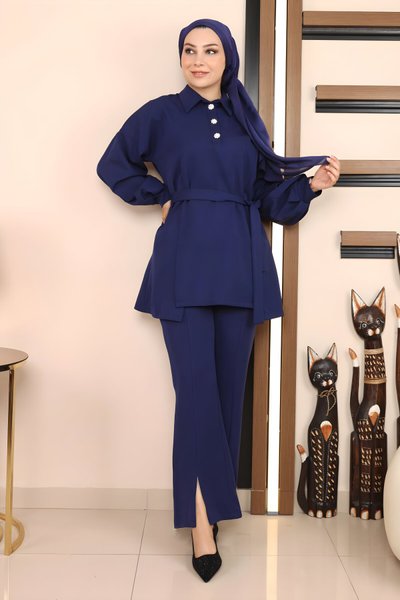 İndigo İkili Yırtmaçlı Tesettür Takım