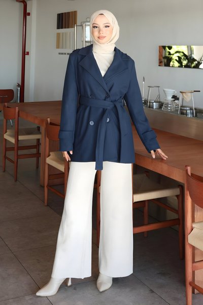 İndigo Kaşe Düğme Detaylı Kaban