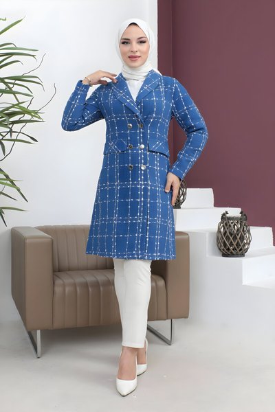 İndigo Kaşe Geniş Yaka Düğmeli Kaban