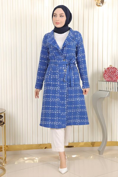 İndigo Kaşe Kemer Detaylı Düğmeli Kaban