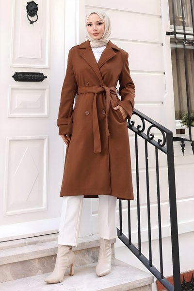 Kahverengi Kuşaklı Kaşe Kaban