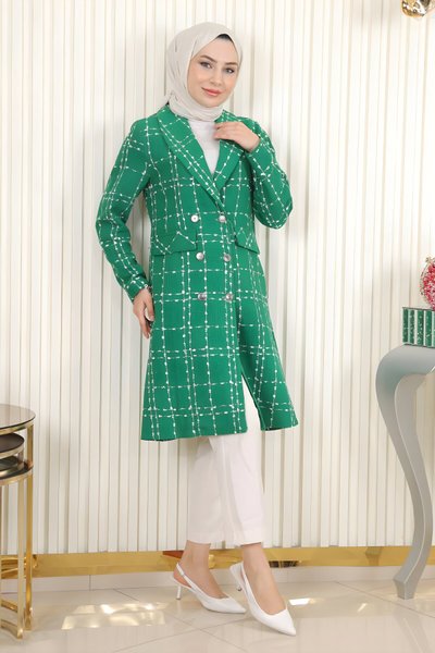 Kaşe Geniş Yaka Zümrüt Düğmeli Kaban