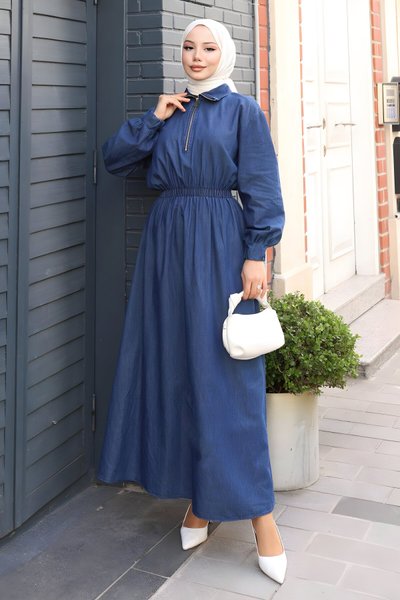 Koyu Mavi Beli Lastikli Fermuarlı Kot Elbise