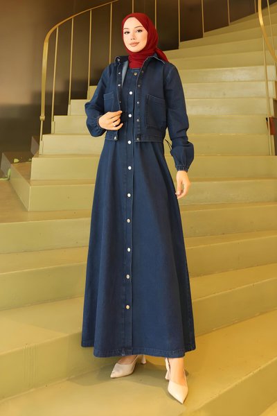 Koyu Mavi İkili Boydan Düğmeli Ceketli Kot Takım