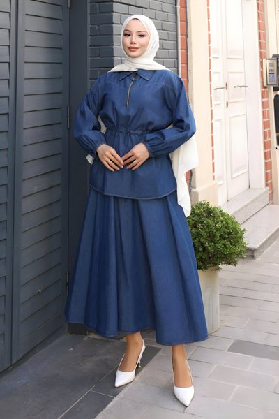 Koyu Mavi Kot Etekli İkili Beli Bağcık Detaylı Tesettür Takım
