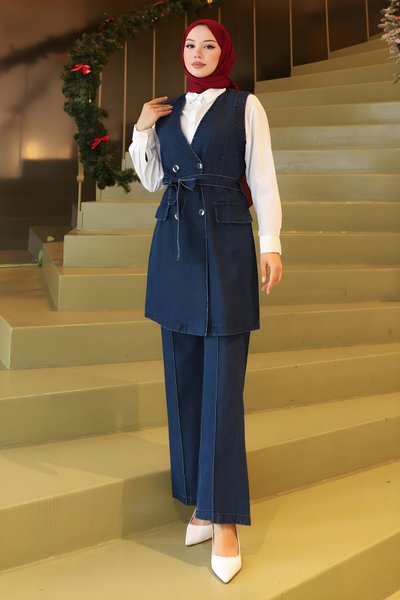 Koyu Mavi Kot İkili Kemer Detaylı Takım