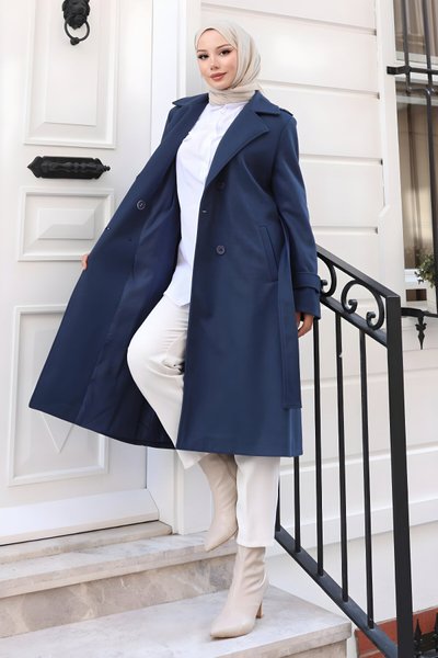 Lacivert Kaşe Kuşaklı Kaban