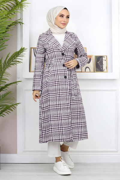 Mürdüm Ekoseli Şanel Kaşe Kaban