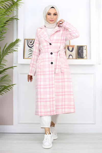 Pembe Ekoseli Şanel Kaşe Kaban