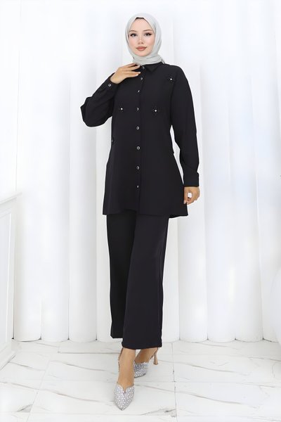 Siyah İkili Minimal Taşlı Tesettür Takım