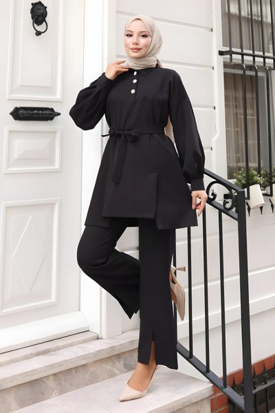Siyah İkili Tesettür Yırtmaçlı Takım