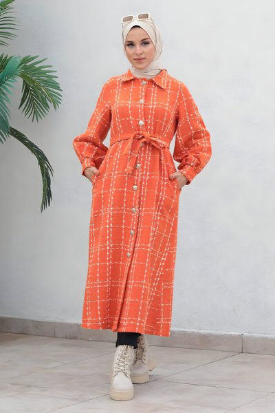 Turuncu Kaşe Düğmeli Kaban