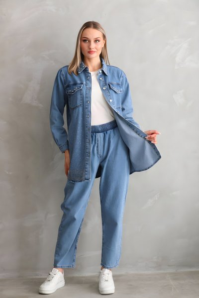 Açık Mavi Kot İkili Taş İşlemeli Tesettür Takım