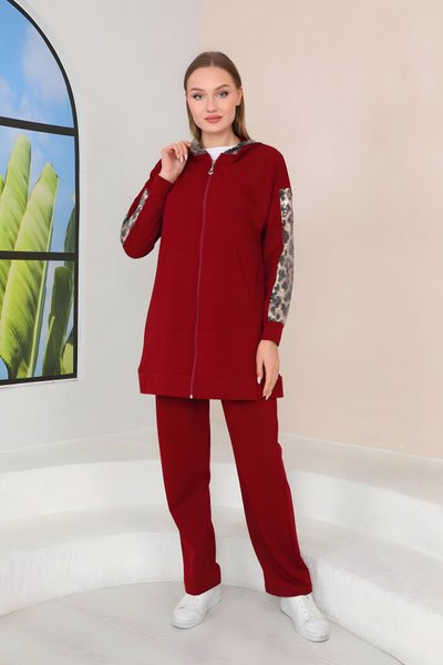 Bordo Leopar Üçlü Pul Payet Detaylı Eşofman Takım