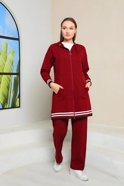 Bordo Şeritli Üçlü Kombin Eşofman Takım