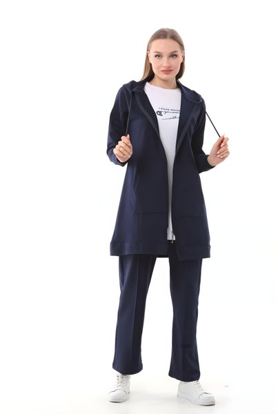 Lacivert Kabartma Baskılı Üçlü Eşofman Takım