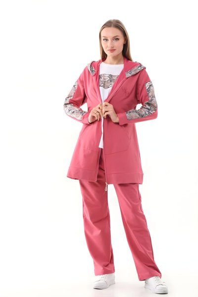 Pudra Leopar Pul Payet Detaylı Üçlü Eşofman Takım