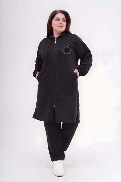 Siyah Battal Fermuarlı Kapüşonlu Taş Detaylı Eşofman Takım