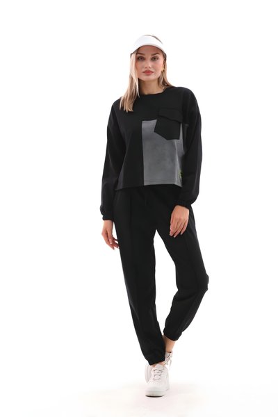 Siyah Cep Detaylı Kot Parçalı Eşofman Takım