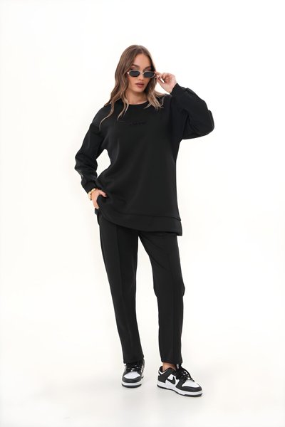 Siyah Deri Detaylı Taş İşlemeli Eşofman Takım