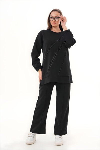 Siyah Verev Taş İşlemeli Eşofman Takım