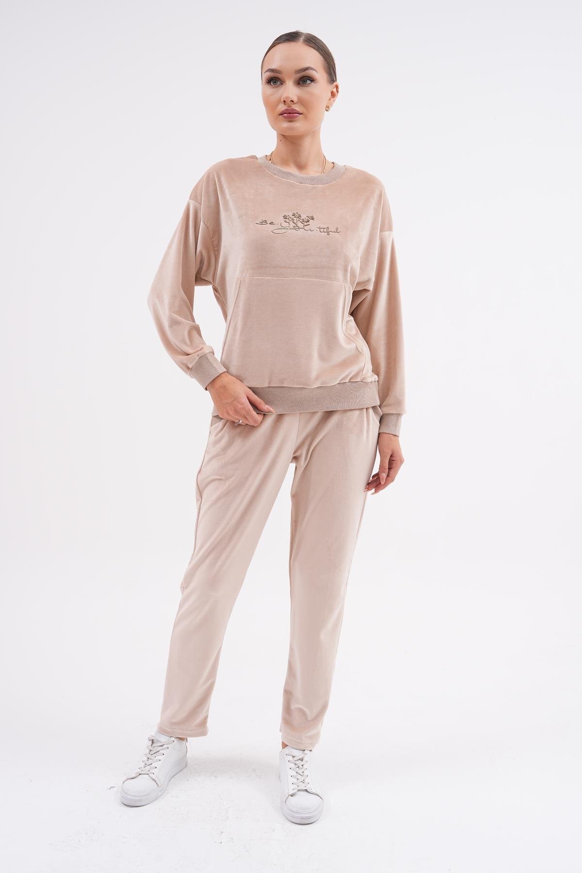 Printed Soft Velvet Tracksuit Set - Beige - Westbound