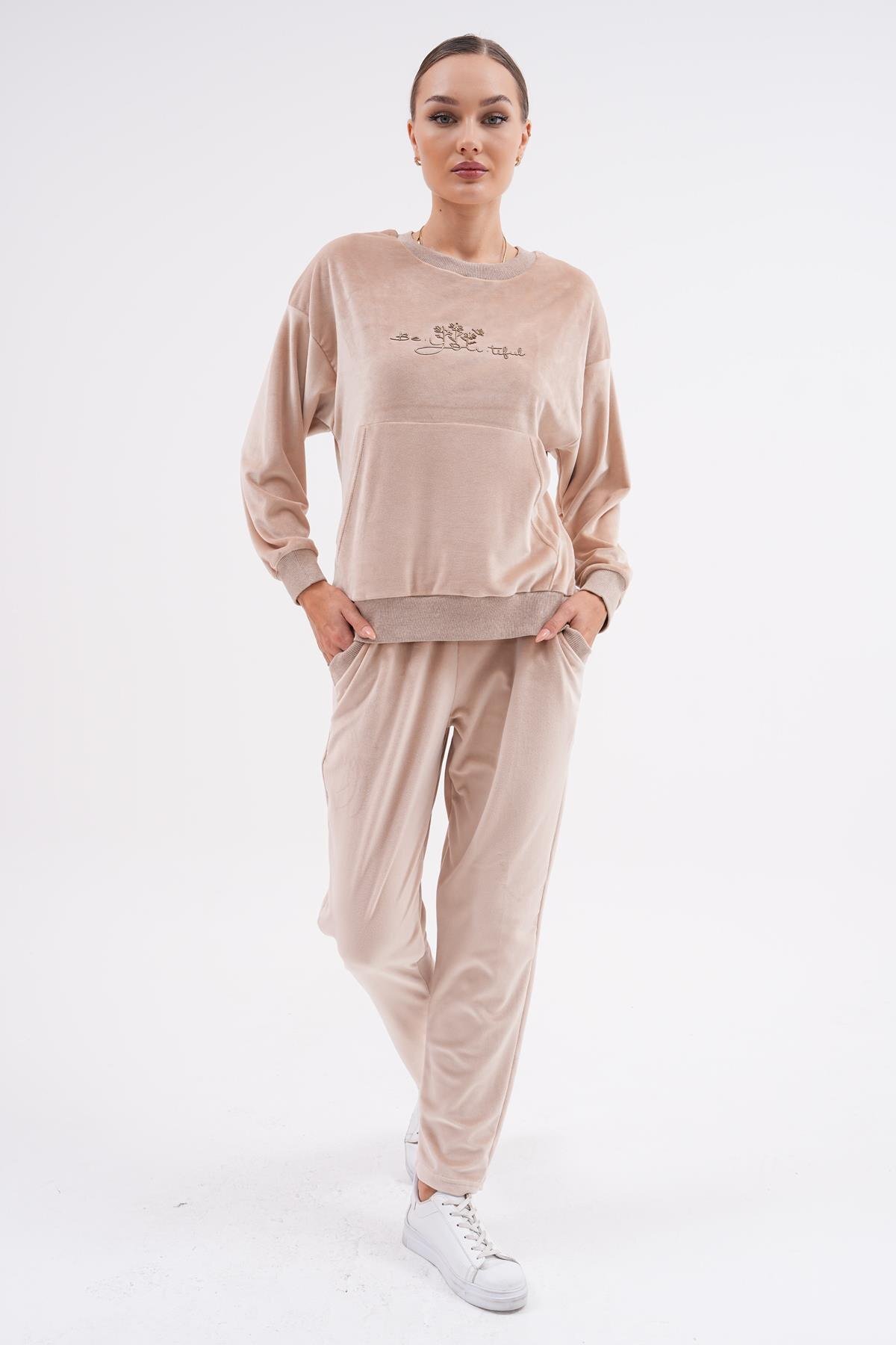 Printed Soft Velvet Tracksuit Set - Beige - Westbound