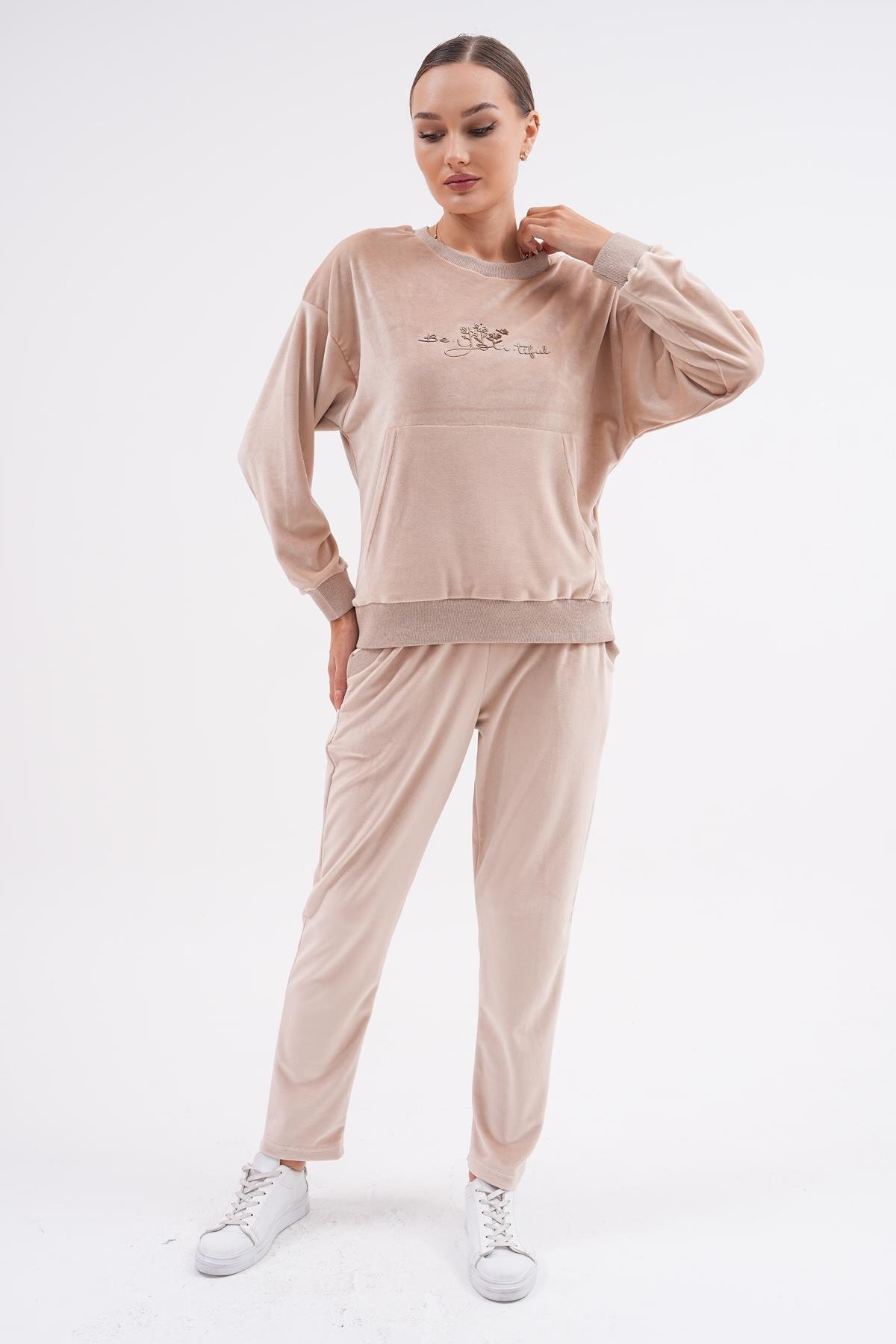 Printed Soft Velvet Tracksuit Set - Beige - Westbound