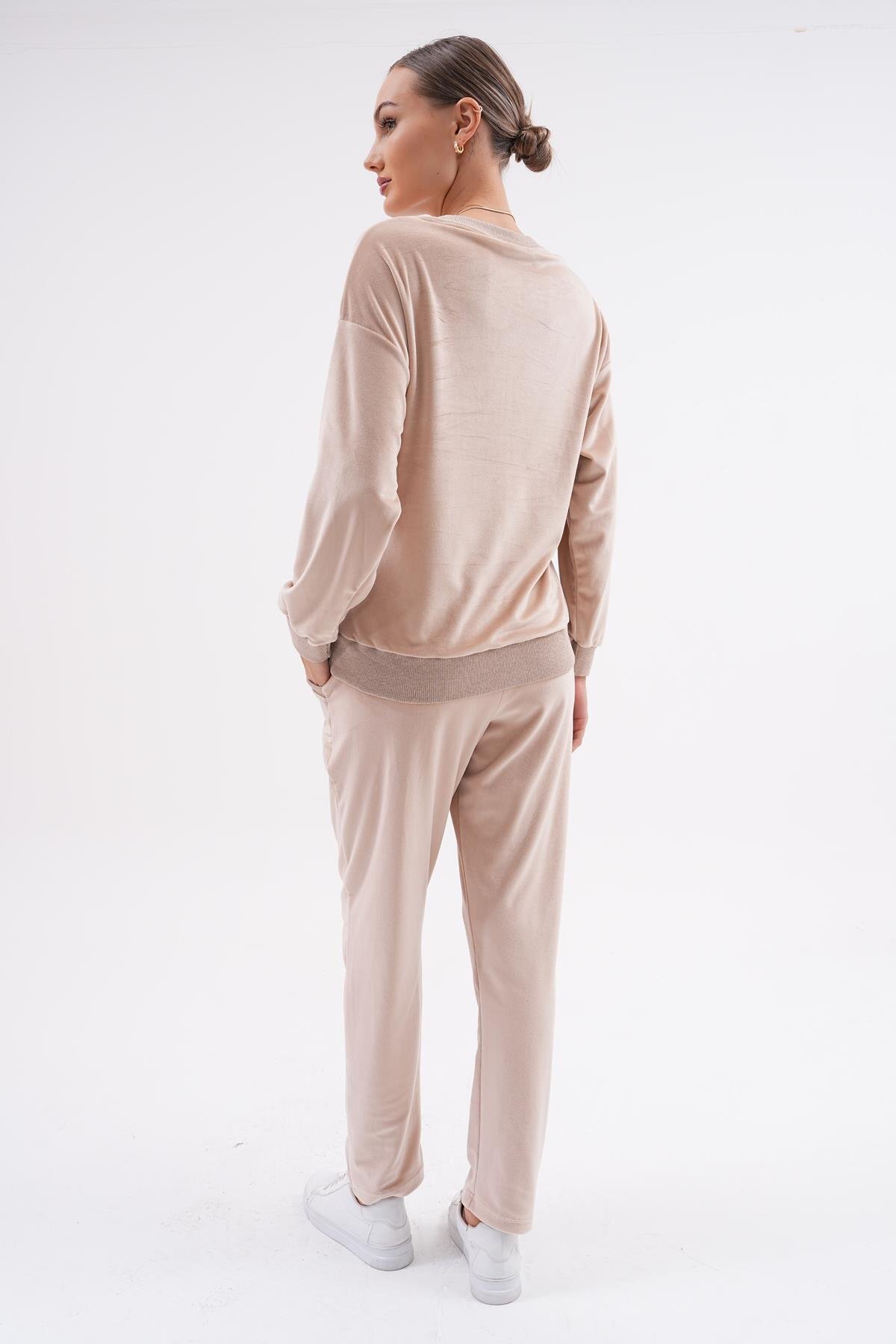 Printed Soft Velvet Tracksuit Set - Beige - Westbound