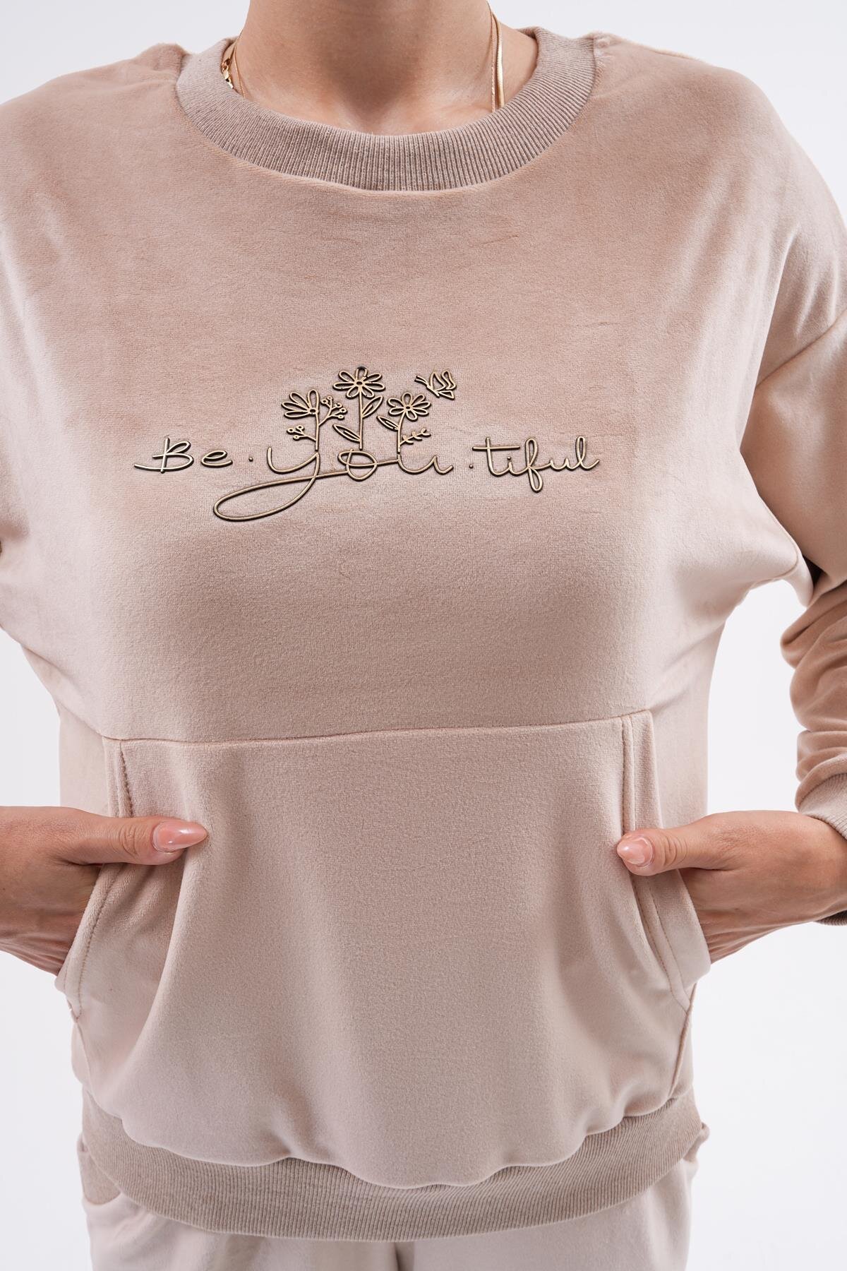 Printed Soft Velvet Tracksuit Set - Beige - Westbound