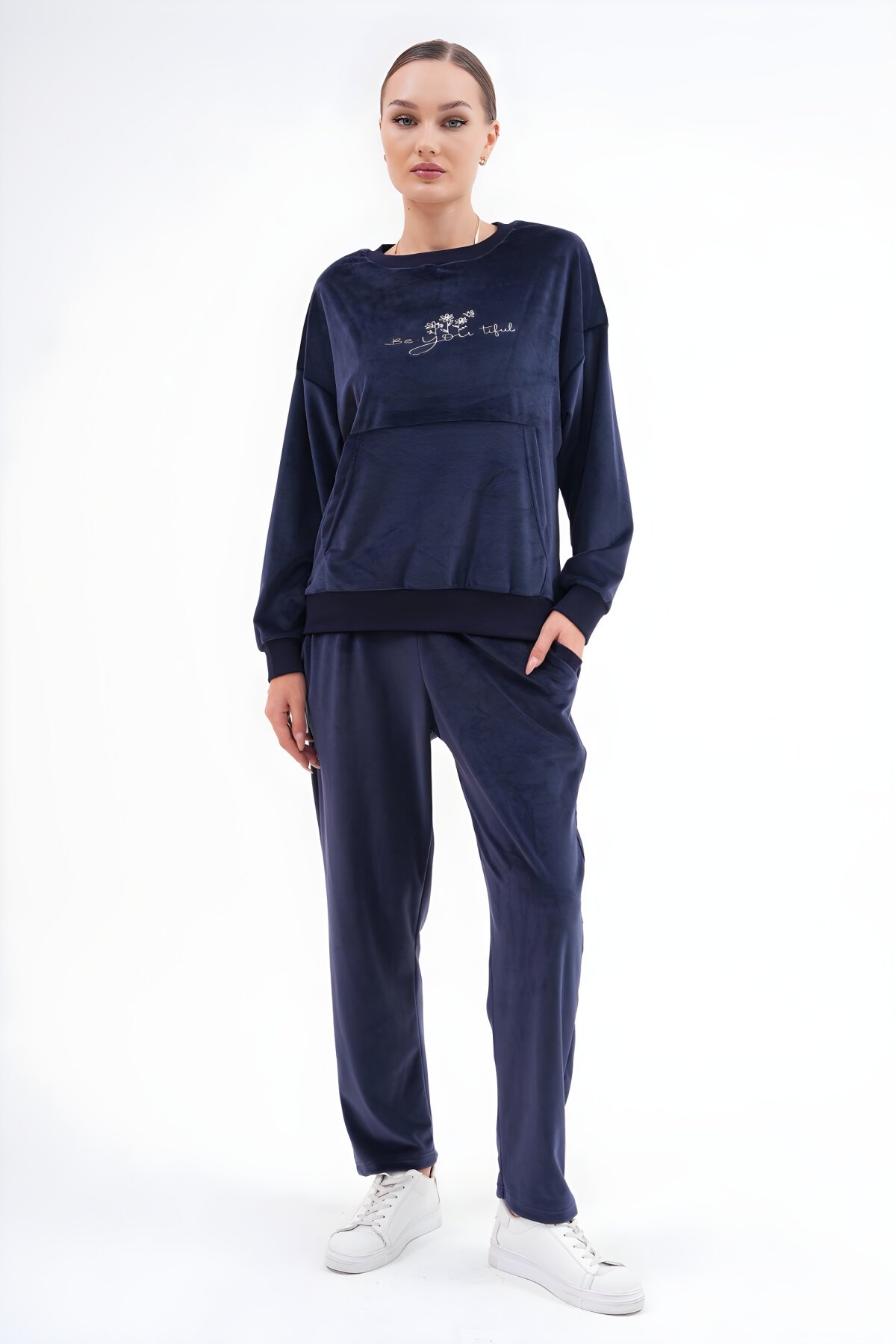 Printed Soft Velvet Tracksuit Set - Navy - Westbound