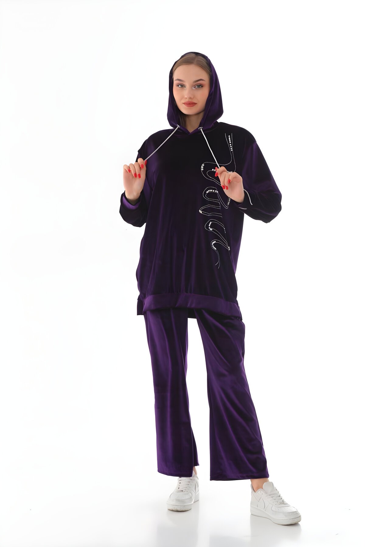 Mor Kadife Taş İşlemeli Kapüşonlu Eşofman Takım - Westbound