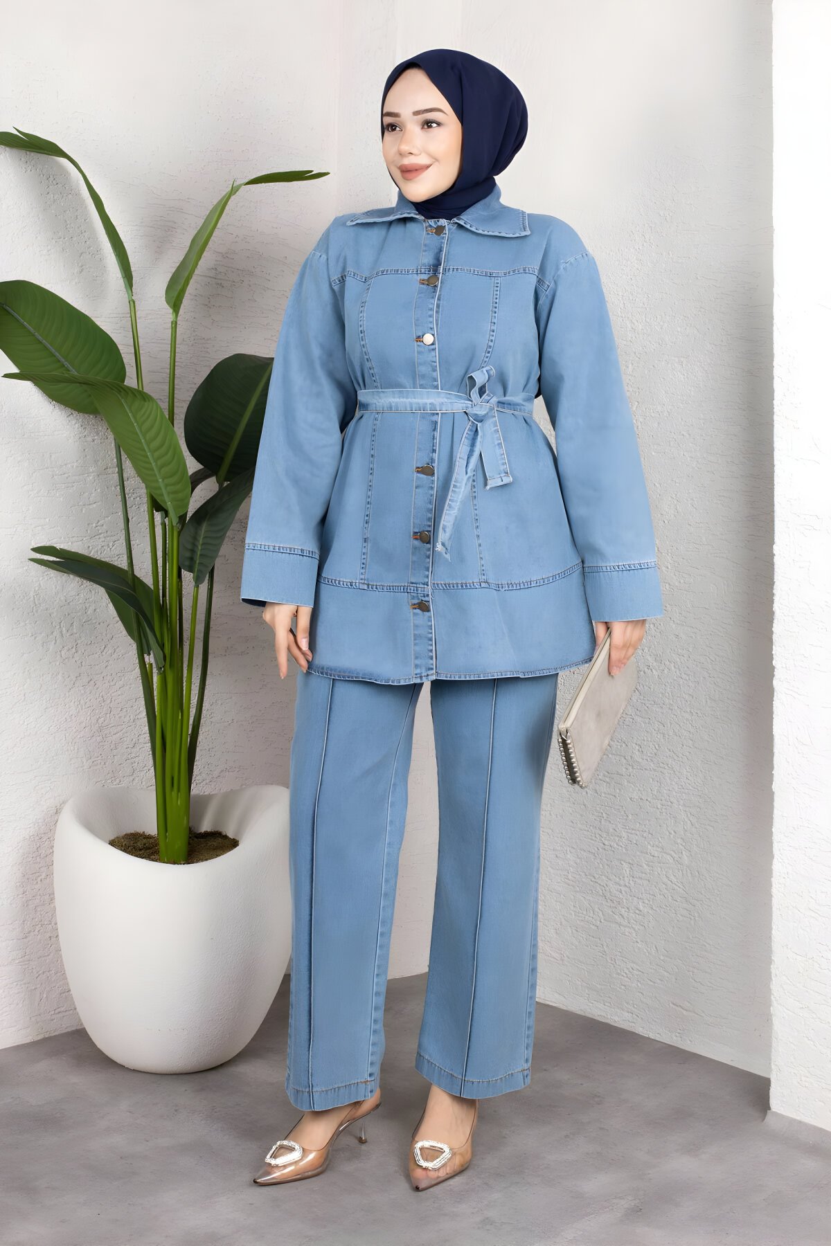 Buz Mavi Denim Rahat Kesim Kuşaklı Düğmeli İkili Takım - Misskayle