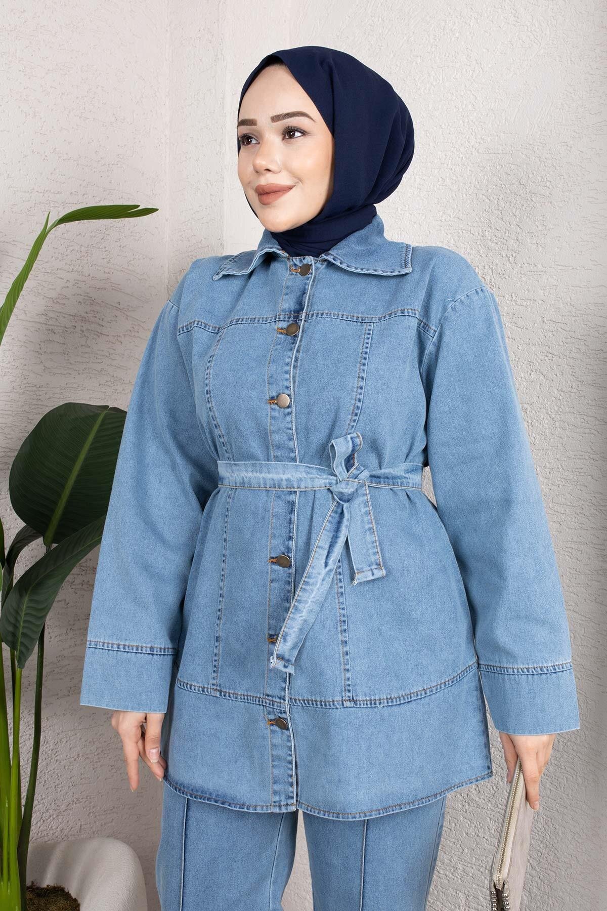 طقم قصة مريحة لون أزرق ثلجي دنيم بأزرار وحزام - Misskayle