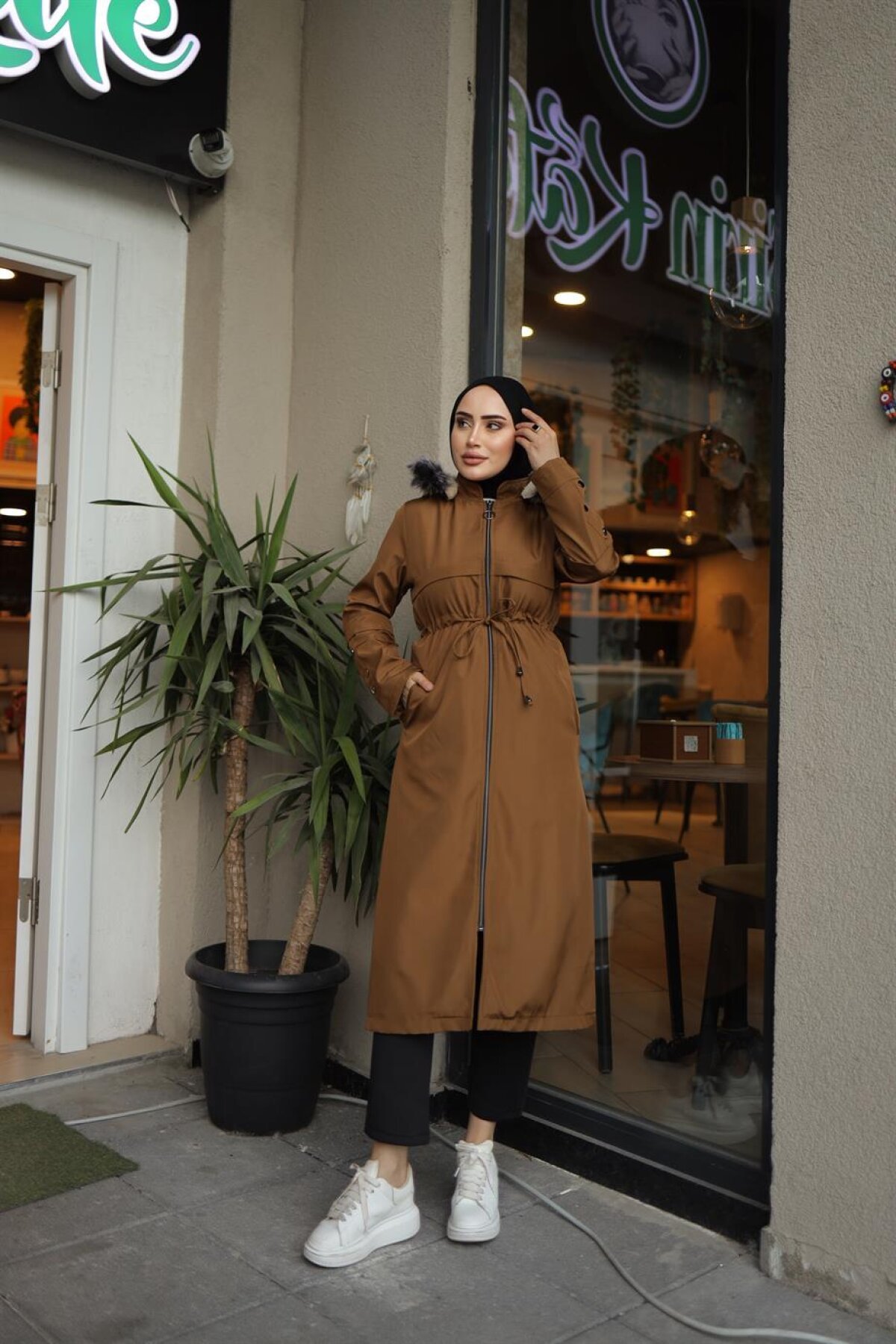 Button-Detail Modest Coat - Camel - Misskayle