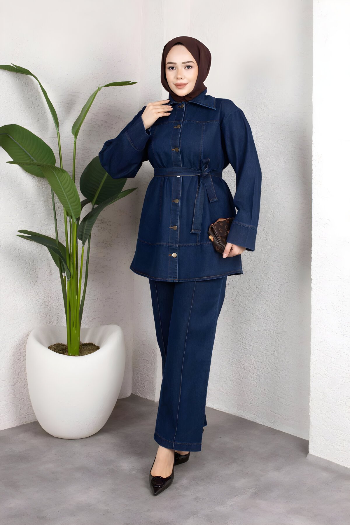 Koyu Mavi Denim Rahat Kesim Kuşaklı Düğmeli İkili Takım - Misskayle