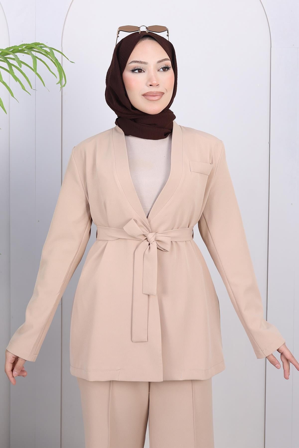 Bej Soft Blazer İkili Tesettür Takım - Modamihram