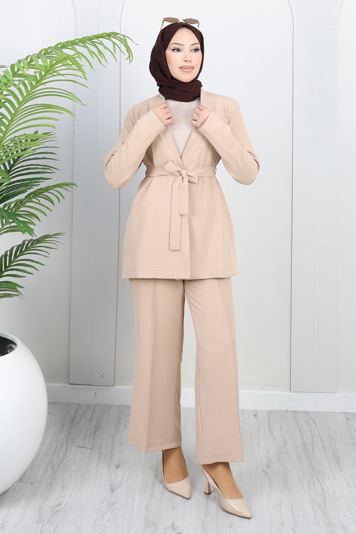 Bej Soft Blazer İkili Tesettür Takım - Modamihram