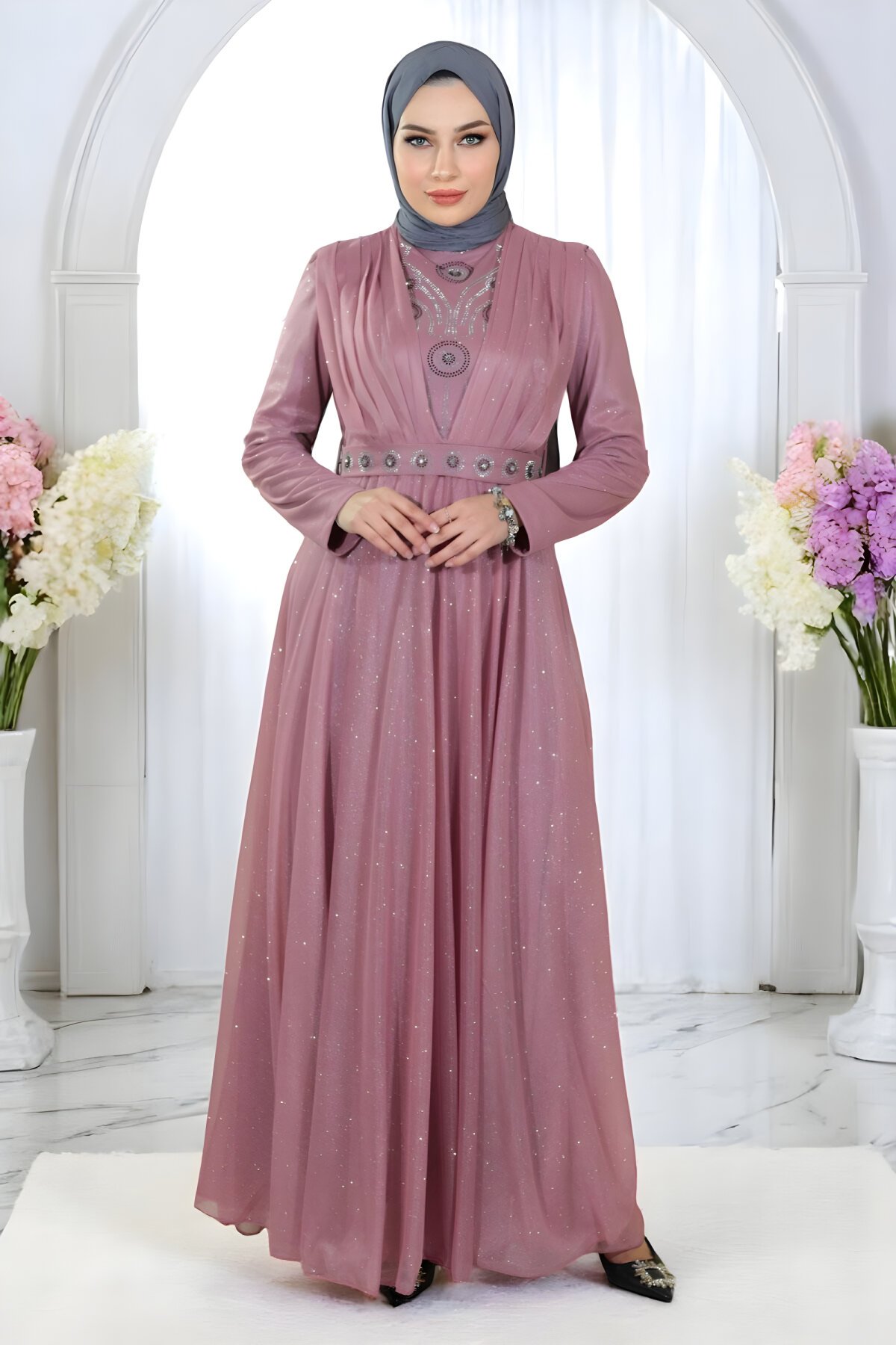 Gül Kurusu Simli Şifon Göğsü Drapeli Taş Detaylı Abiye Elbise - Modamihram