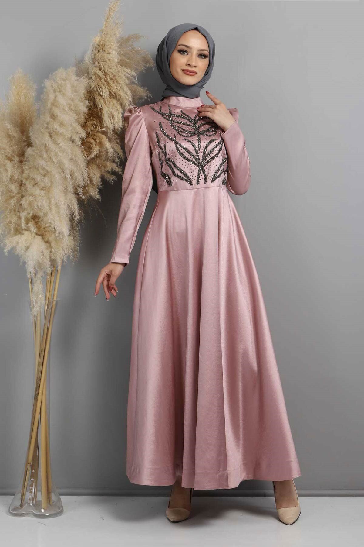Burnout Pattern Stone-Embellished Modest Evening Dress - Dusty Rose - Modamihram
