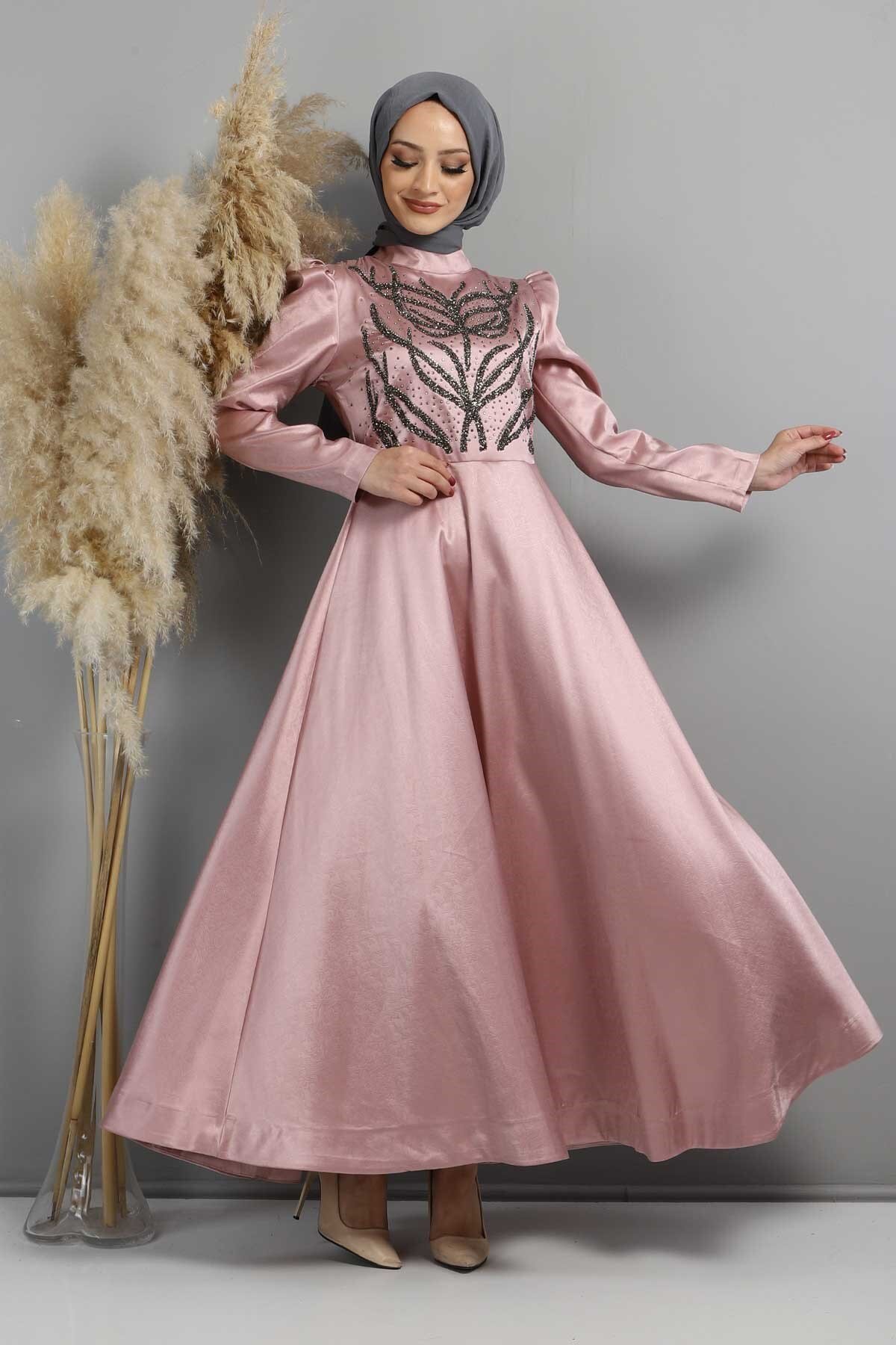 Burnout Pattern Stone-Embellished Modest Evening Dress - Dusty Rose - Modamihram