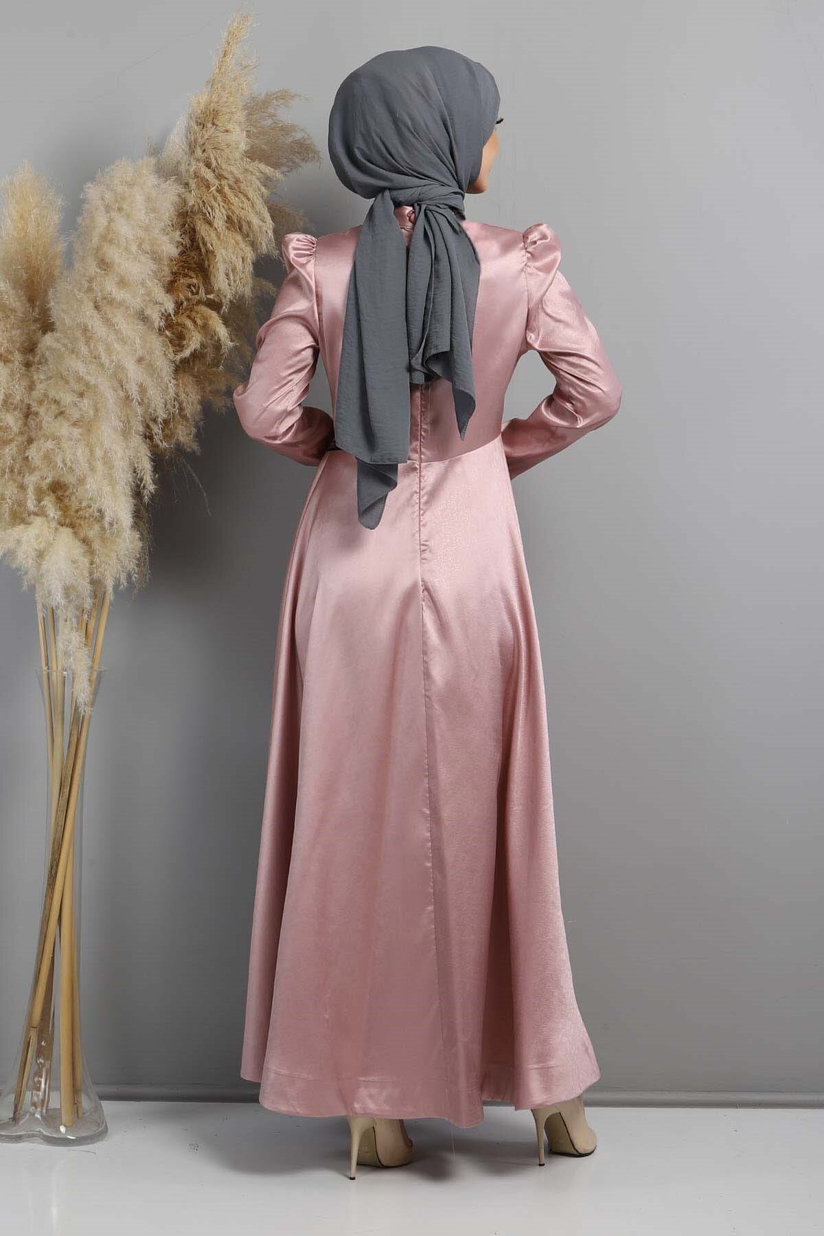 Burnout Pattern Stone-Embellished Modest Evening Dress - Dusty Rose - Modamihram