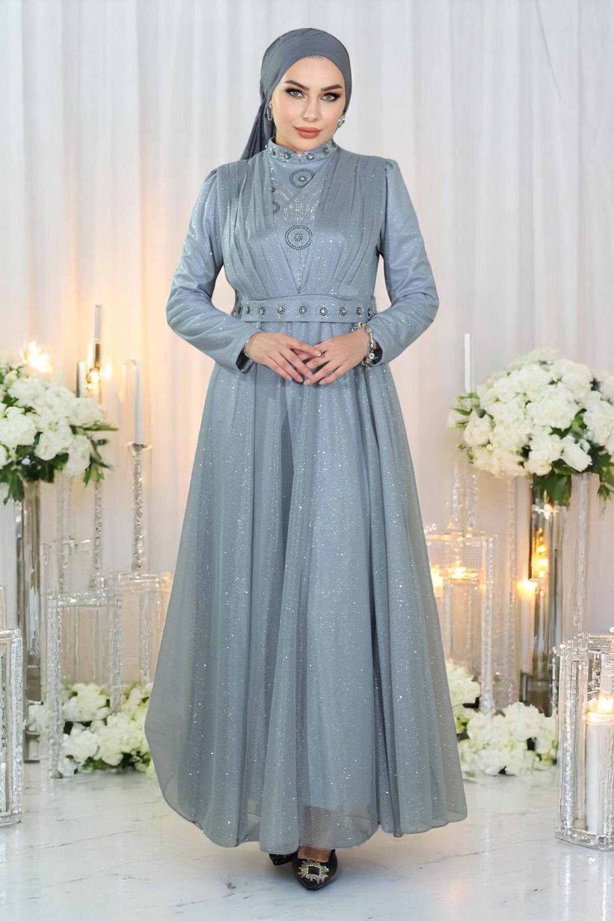 Glittery Chiffon Draped Bust Stone-Detailed Evening Dress - Silver - Modamihram