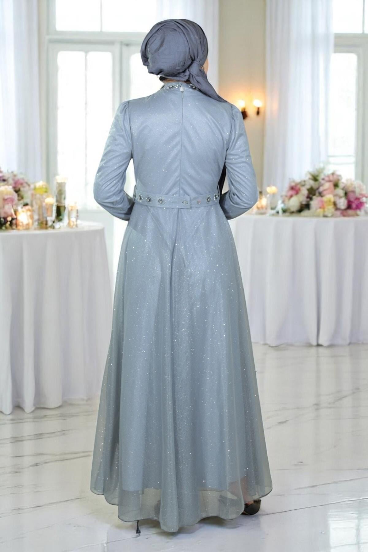 Glittery Chiffon Draped Bust Stone-Detailed Evening Dress - Silver - Modamihram