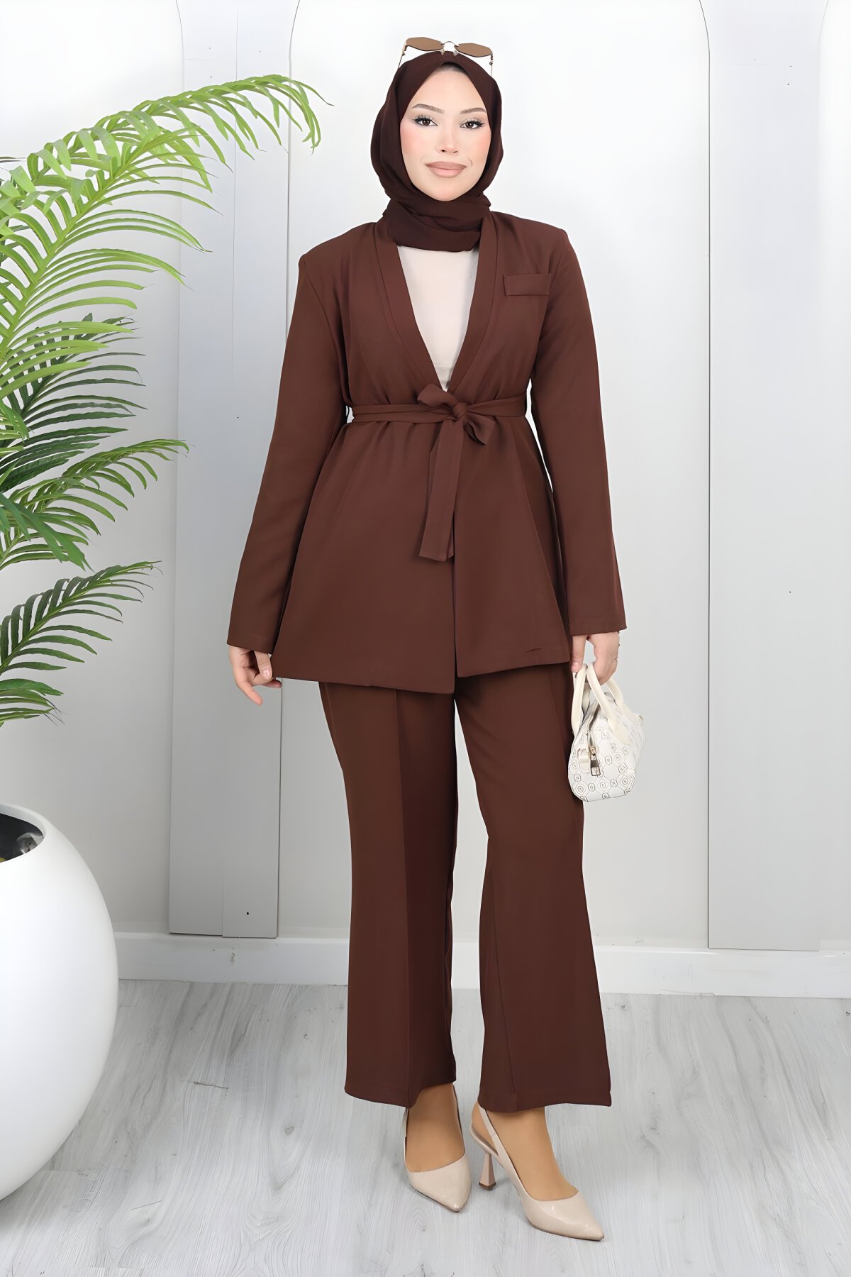 Kahverengi Soft Blazer İkili Tesettür Takım - Modamihram