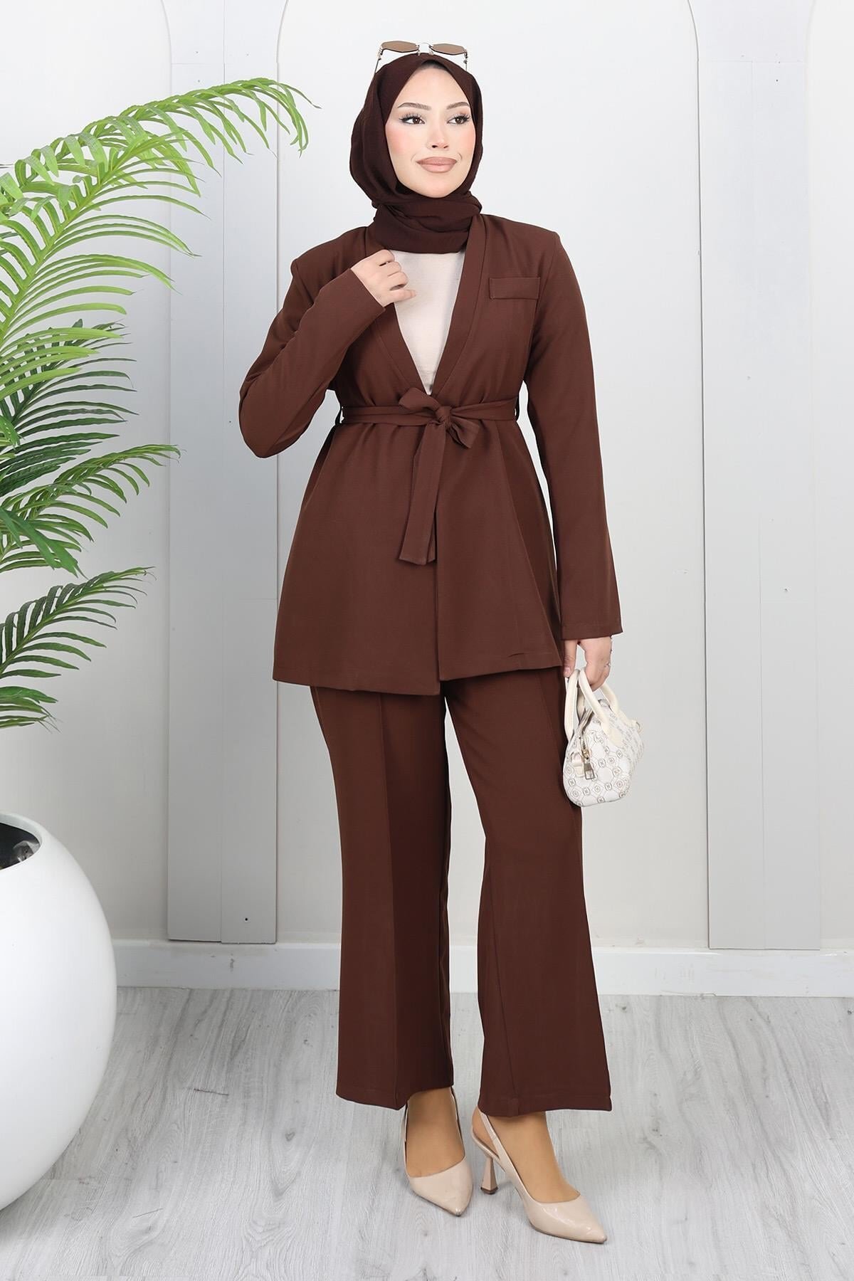 Kahverengi Soft Blazer İkili Tesettür Takım - Modamihram