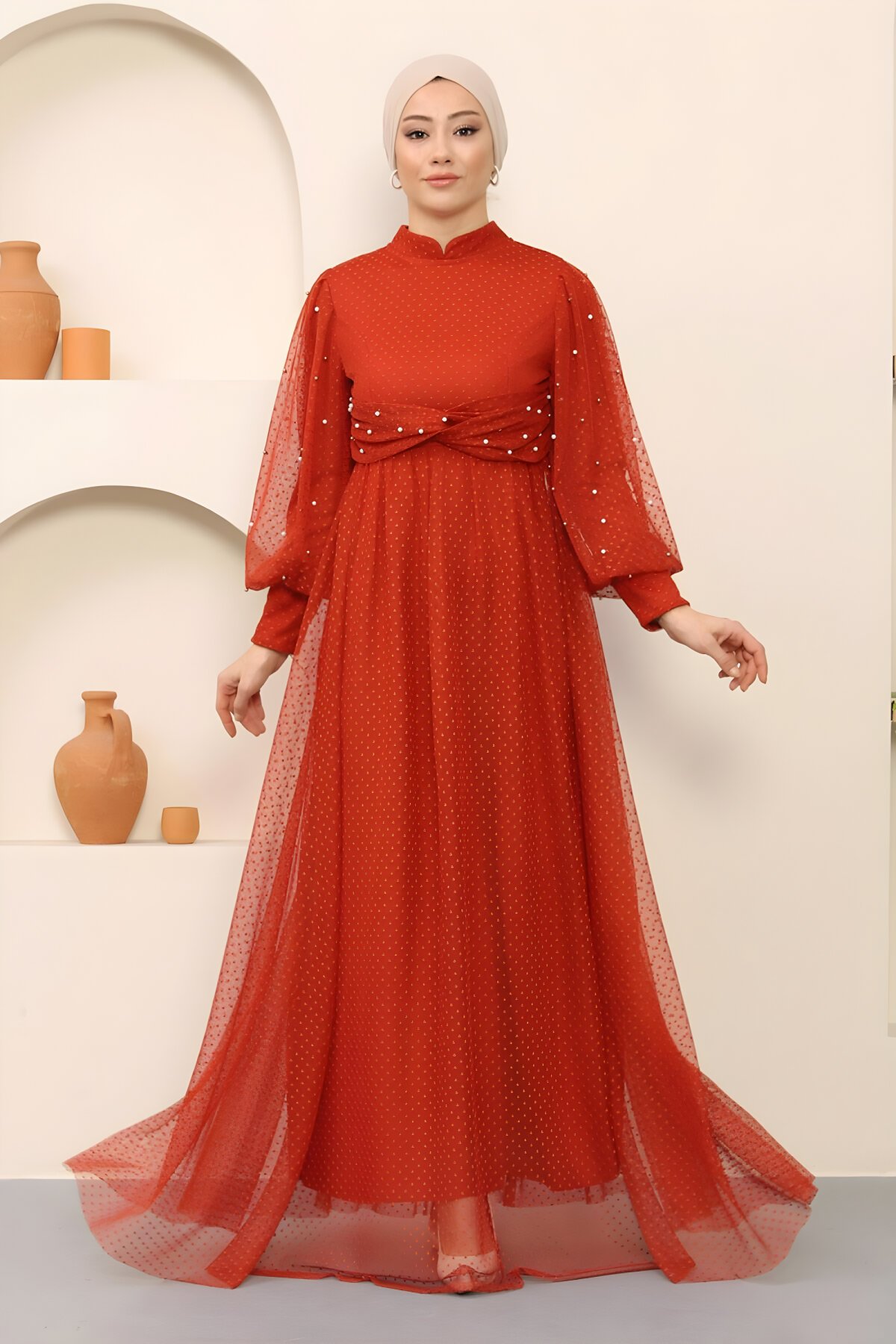 Kiremit İnci Detaylı Tül Abiye Elbise - Modamihram